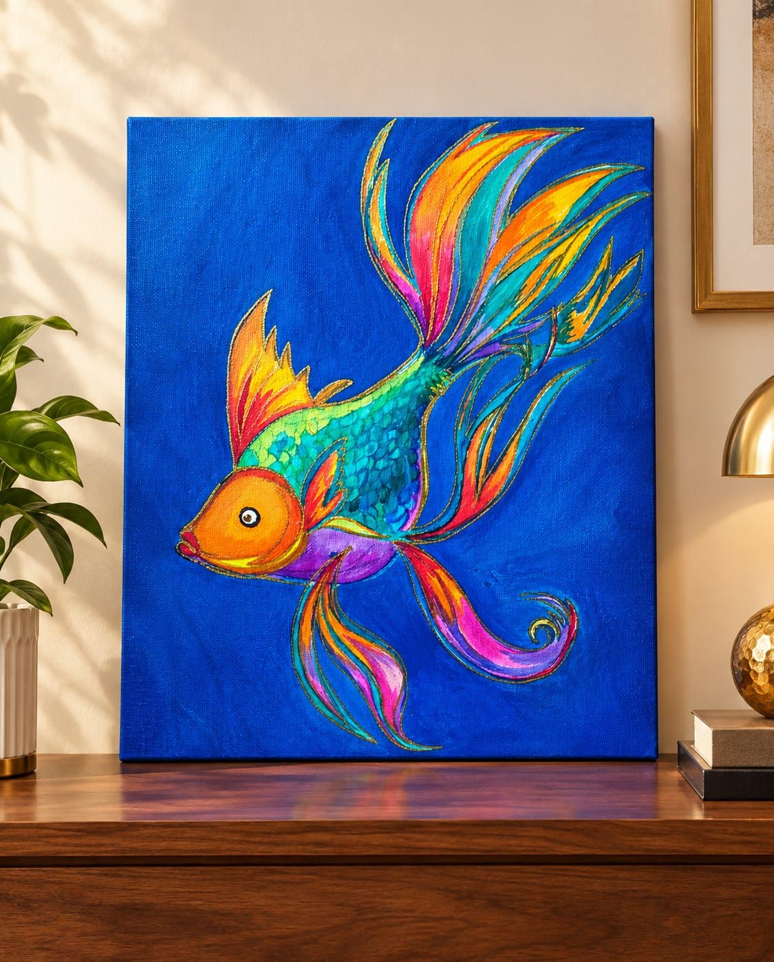 DHRUVINSRI Hand-Painted Fish Acrylic Canvas Art | 8 x 10 Inch Unframed Wall Decor Painting | Home, Office & Vastu Art | Artist Priyanka Mathur