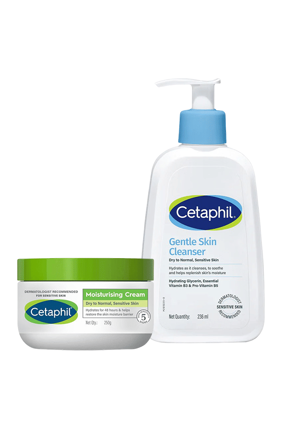 Cetaphil Moisturising Cream for dry to very dry Sensitive skin, Dermatologist Recommended (250g) + Cetaphil Gentle Skin Cleanser for Acne-prone Skin with Niacinamide Dermatologist Recommended (236ml) Pack of 2