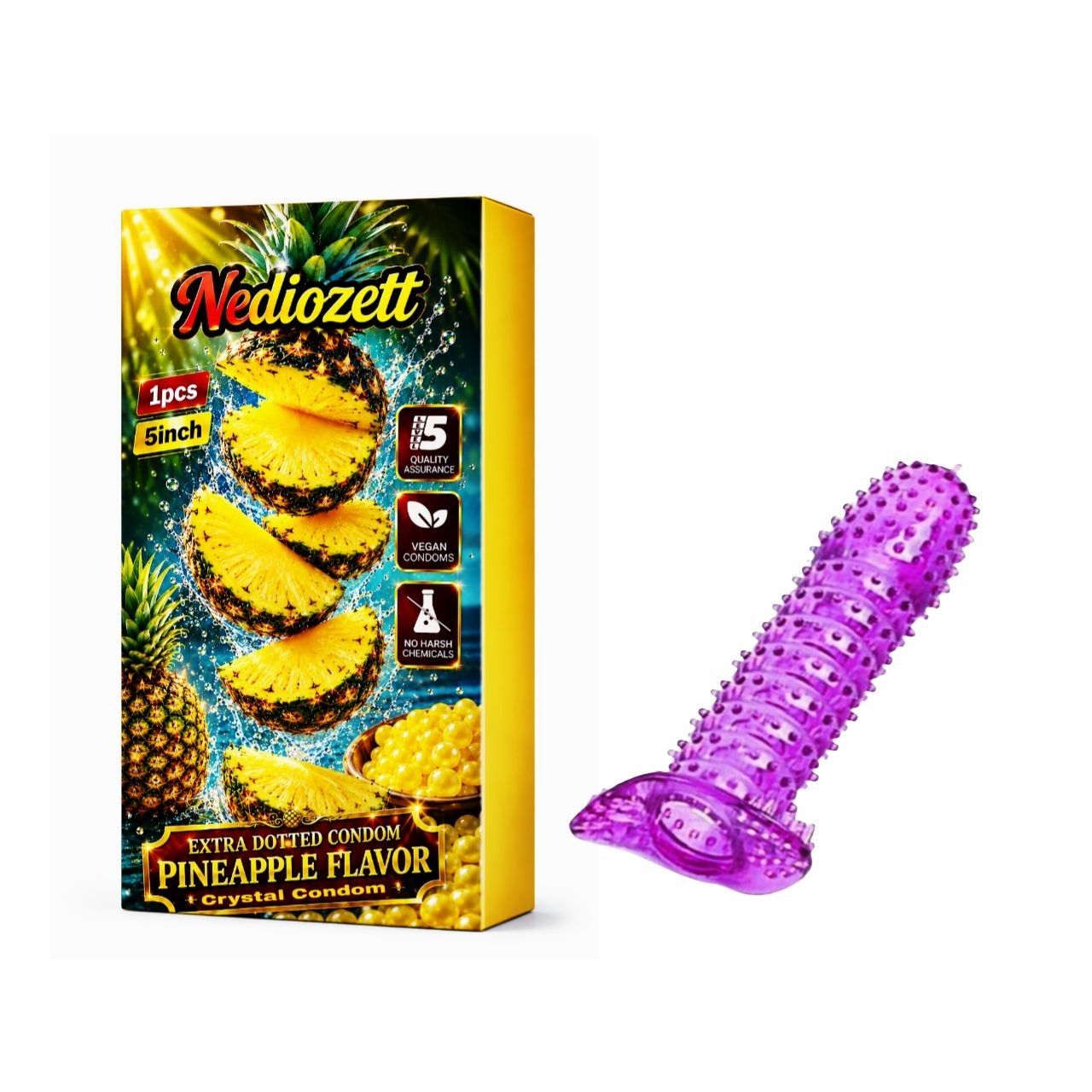 Nediozett Pineapple Flavor Crystal Condom For Long Last Action Silicone Reusable Condom Extra Dotted 5 inch (Pack of 1)