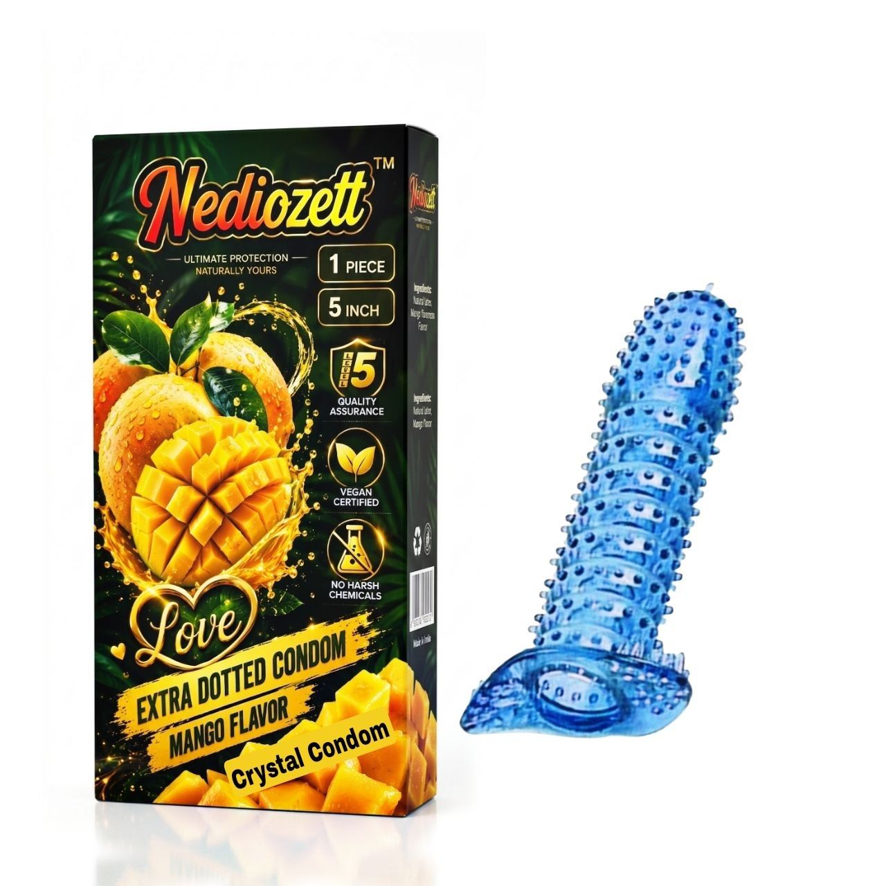 Nediozett Mango Flavor Crystal Condom For Long Last Action Silicone Reusable Condom Extra Dotted 5 inch (Pack of 1)