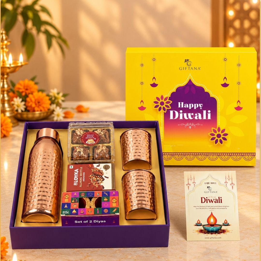 Premium Copper Diwali Hamper with Baklawa, Almond Brittle & Glasses