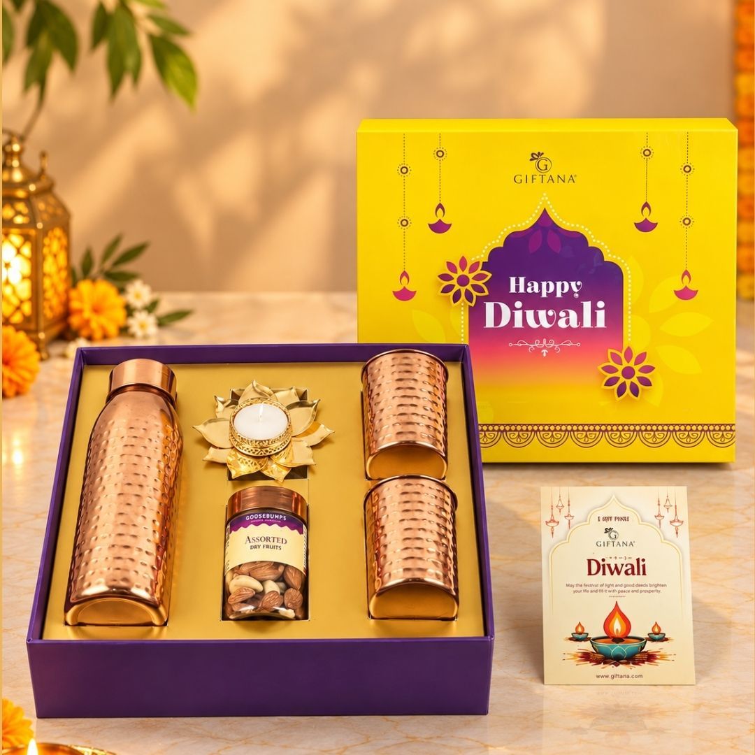 Elegant Copper Diwali Gift Set with Dry Fruits & Lotus Tealight Diya
