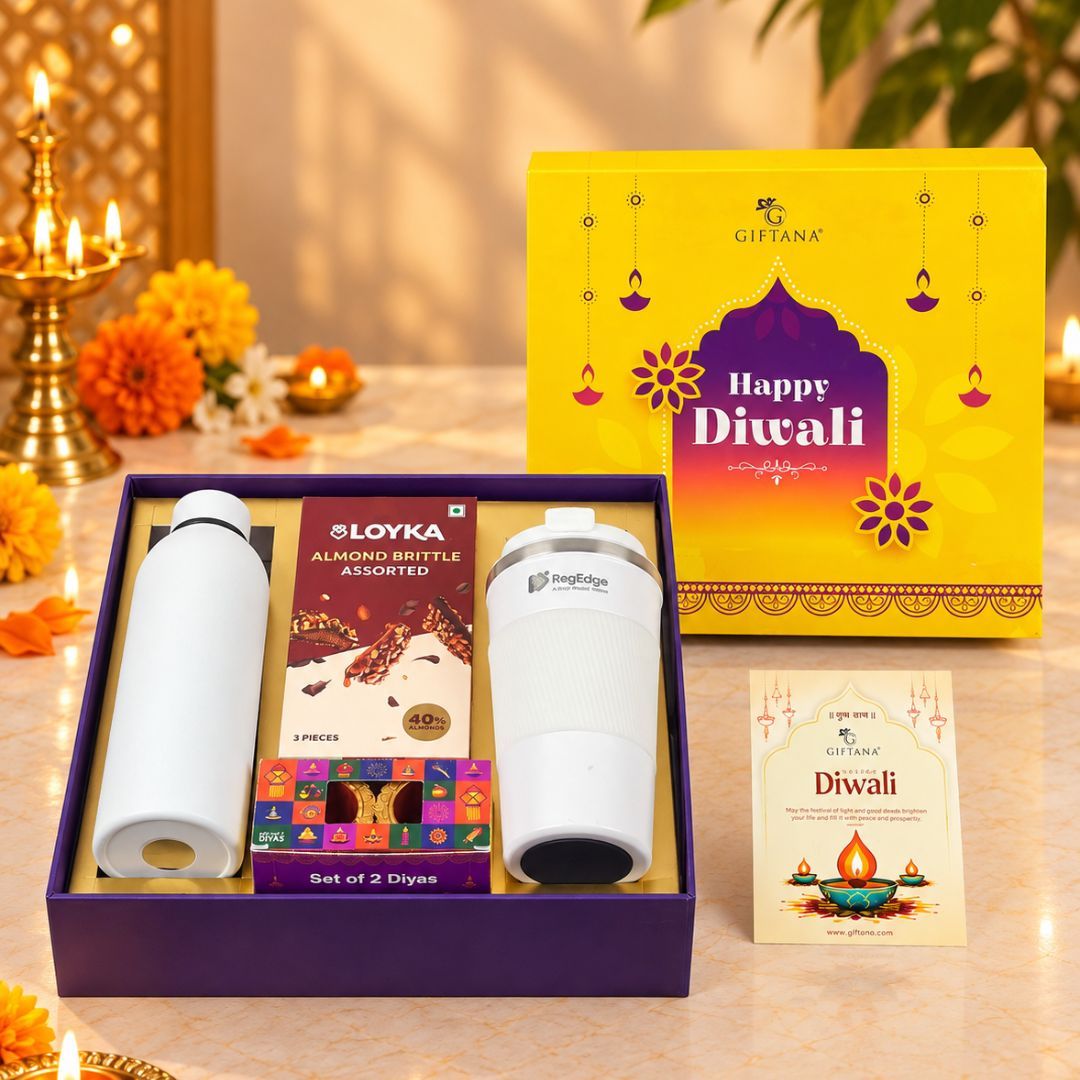 Diwali Corporate Gift Set with 500ml Flask, Coffee Tumbler & Almond Brittle
