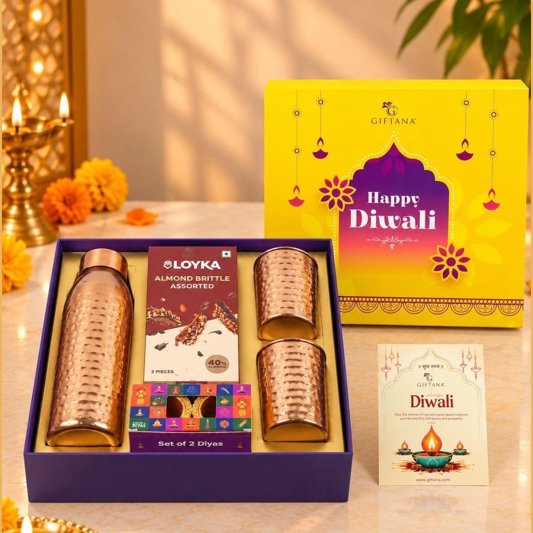 Copper Grandeur Diwali Gift Hamper with Almond Brittle & Diyas