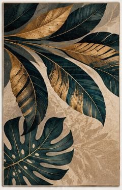 Modern Botanical Teal and Gold Tropical Leaf Wall Art Panel
