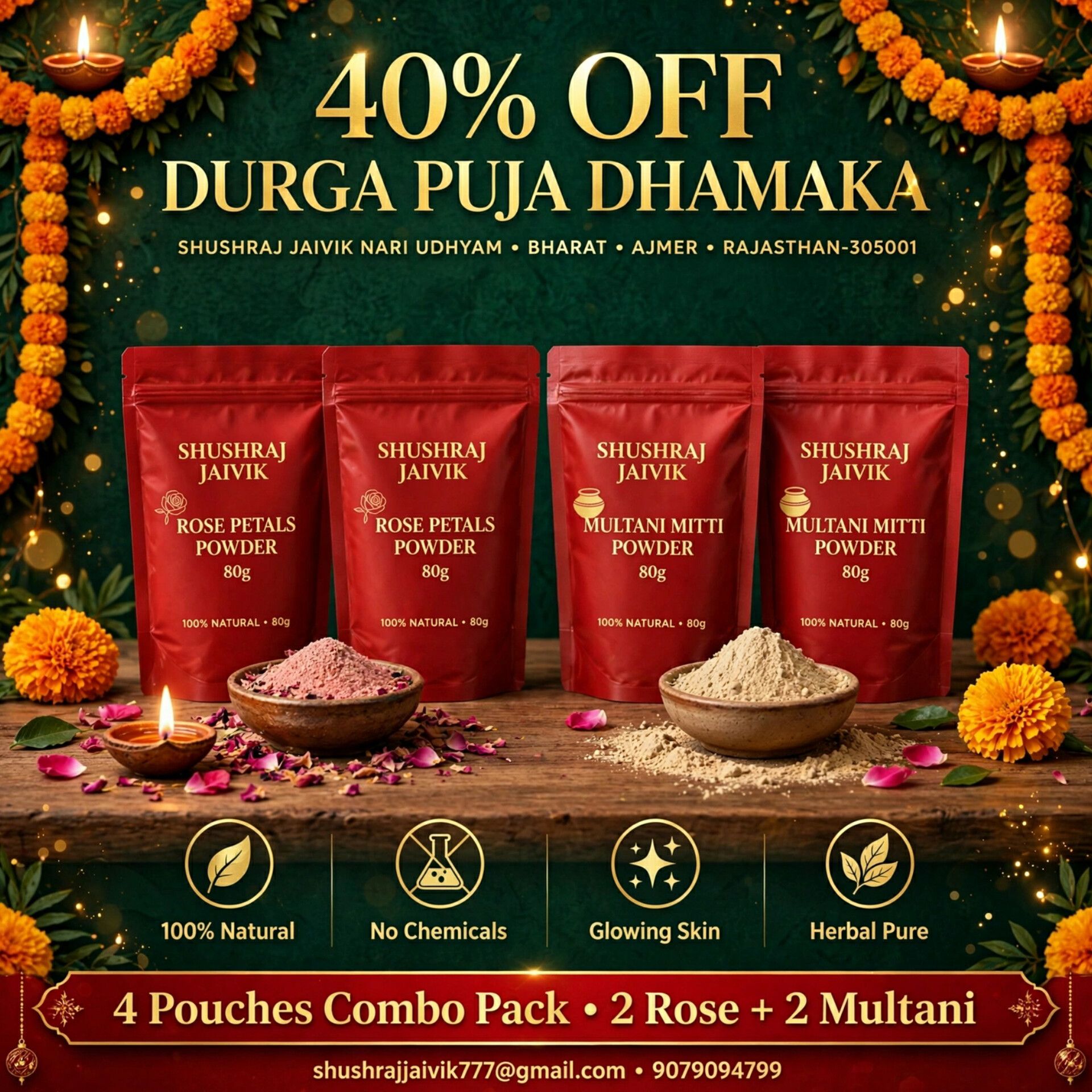 SHUSHRAJ JAIVIK 4 Pouches Combo Pack | 2 Rose Petals Powder + 2 Multani Mitti Powder | 80g Each | 320g Total | Durga Puja Special Offer