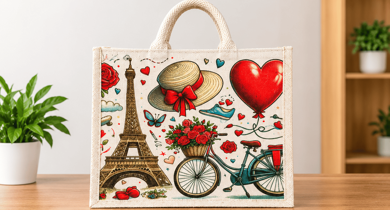 Paris Eiffel Tower Heart Print Jute Tote Shopping Bag