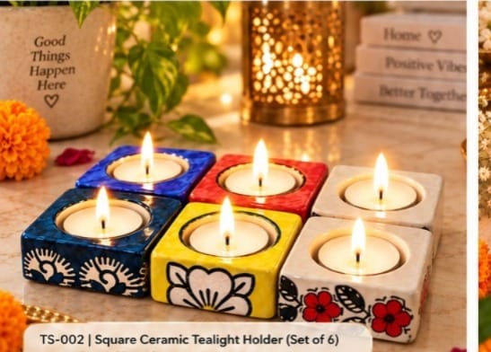 DHRUVINSRI Handmade Ceramic Diya & Tealight HolderI Reusable, Ecofriendly  | Decorative Multi-Purpose Festive Home Decor-6 Pc