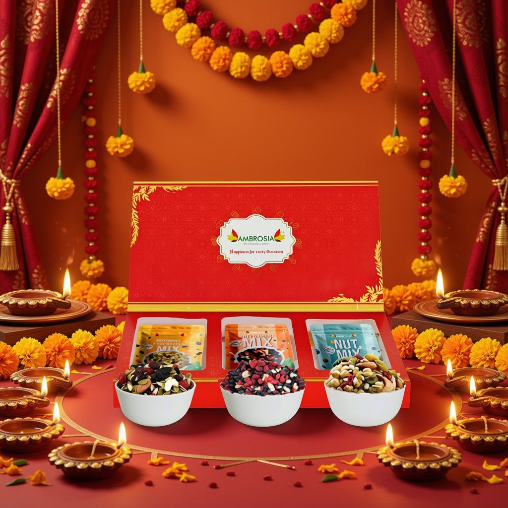 Ambrosia TrailMixes Diwali Gift Hamper 600g (each pack 200g) | Packed with premium crunchy Nut Mix, BerryMix & Morning Mix 600g