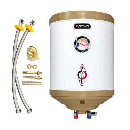 Activa 15L Water Heater Geyser with Temperature Meter, 2 KVA ISI Cooper Element, 0.75mm Anti Rust Coated Tank, ABS Body, BEE 5 Start Rated, Adjustable Thermostat, Free Instalation Kit, 5 Year Warranty Activa 15L Water Heater Geyser with Temperature Meter Activa 15L Water Heater Geyser with Temperature Meter, 2 KVA ISI Cooper Element, 0.75mm Anti Rust Coated Tank, ABS Body, BEE 5 Start Rated, Adjustable Thermostat, Free Instalation Kit, 5 Year Warranty Activa 15L Water Heater Geyser with Temperature Meter