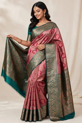 South Silk Saree For Women - Soft Lichi Silk With Heavy Jacquard Pallu & Butta Work - Onion Pink Rama Green Saree For Wedding Party