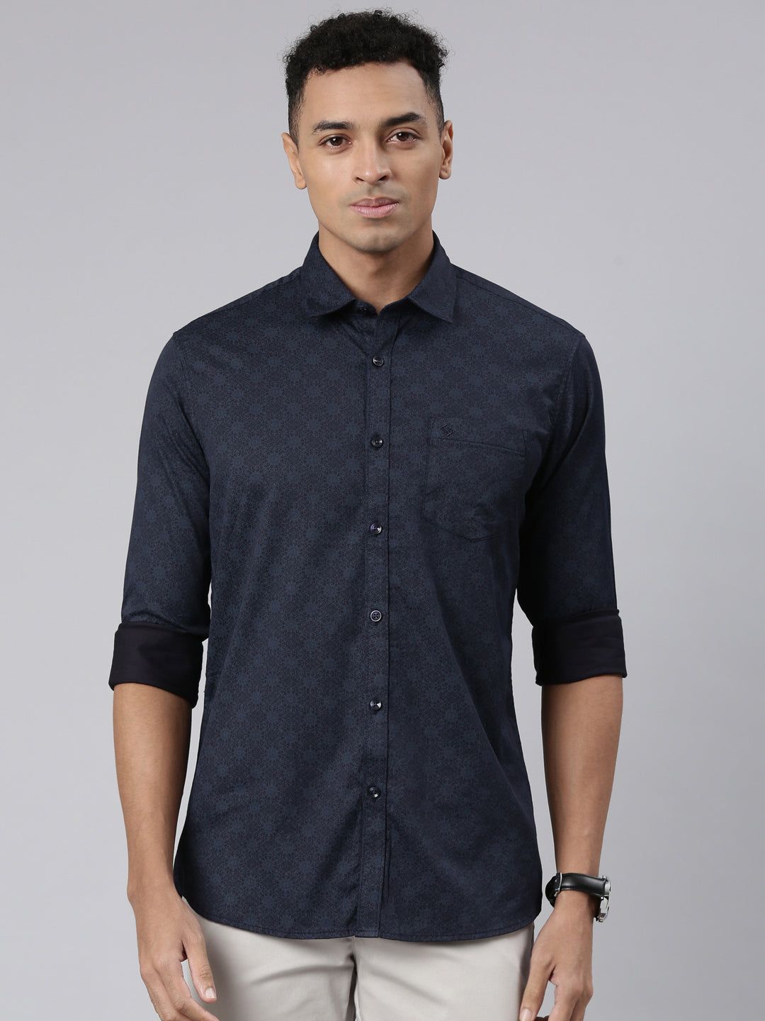 Classic Polo Men's Full Sleeve Dark Grey Polo Neck Cotton Slim Fit Casual Shirt | SP2-147-PRT-SF FS