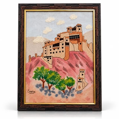 Kargil Nature’s Imprint Handcrafted Ladakh Landscape Wall Art – Wooden Framed Embroidery, Traditional Himalayan Heritage Décor