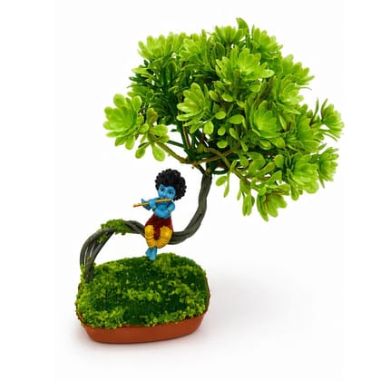Little Krishna Artificial Bonsai Tree Showpiece – Small Decorative Statue for Car Dashboard, Office Desk & Home Decor