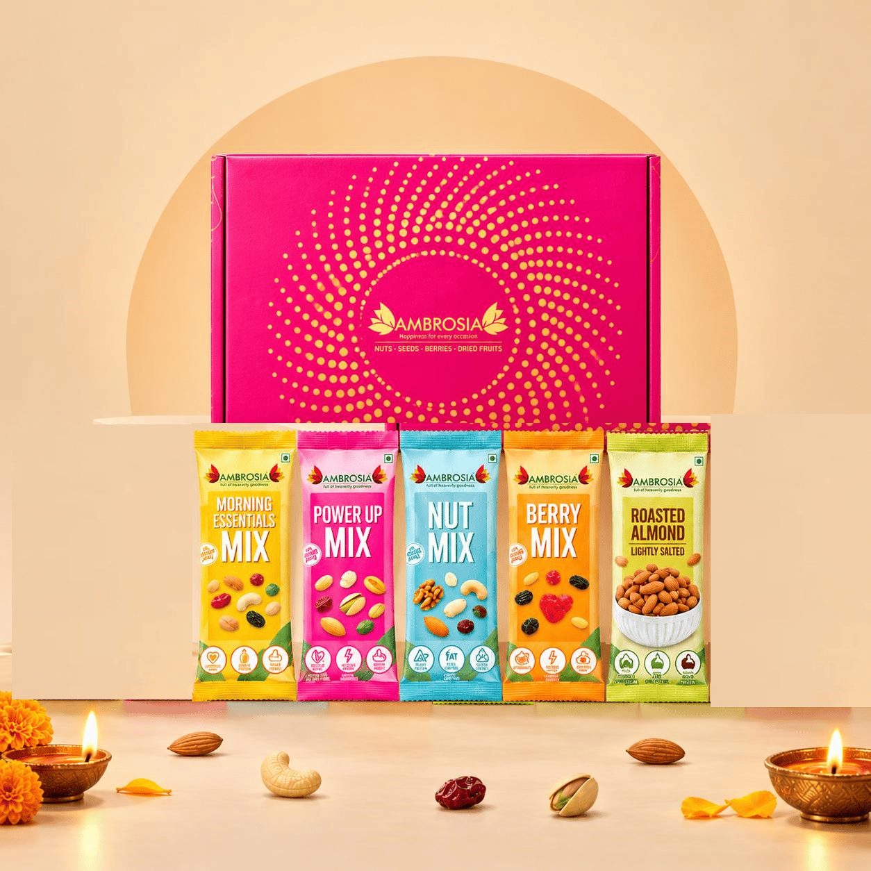 Ambrosia TrailMixes Delight Diwali Gift Hamper 150g (each pack 30g) | Packed with variety of roasted nuts, dried fruits and seeds