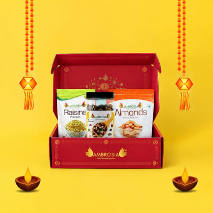Ambrosia Premium Dry Fruit Gift Box Almonds 250g, Raisins 250 g, Trail Mix 250 g