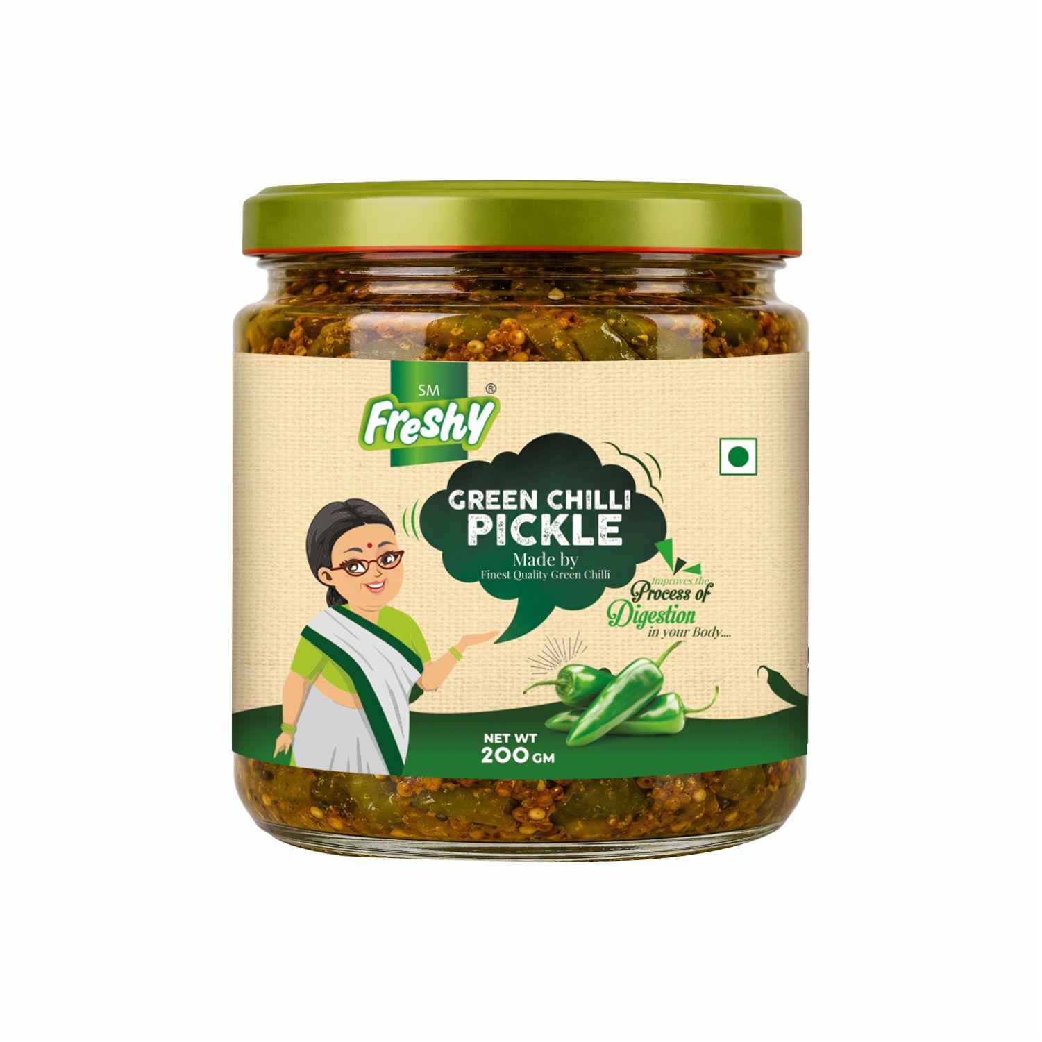 SM Freshy Green Chilli Pickle 200g, Spicy Green Chilli Achaar, Tangy & Flavourful Indian Pickle, Authentic Assam Style, Traditional Recipe, Perfect Meal Companion