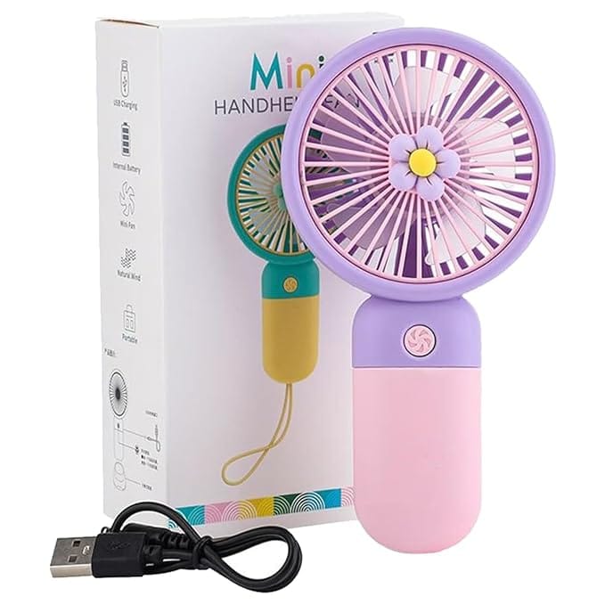 Mini Handheld Rechargeable Personal Fan with Flower Design - Purple/Pink