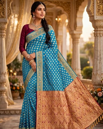 Women's Woven Zari Design Firozi Blue Banarasi Art Silk Saree with Rich Contrast Pink Border & Blouse Piece, Elegant Sky Blue Soft Banarasi Silk Saree featuring Traditional Golden Buti and Rani Pink Brocade Pallu