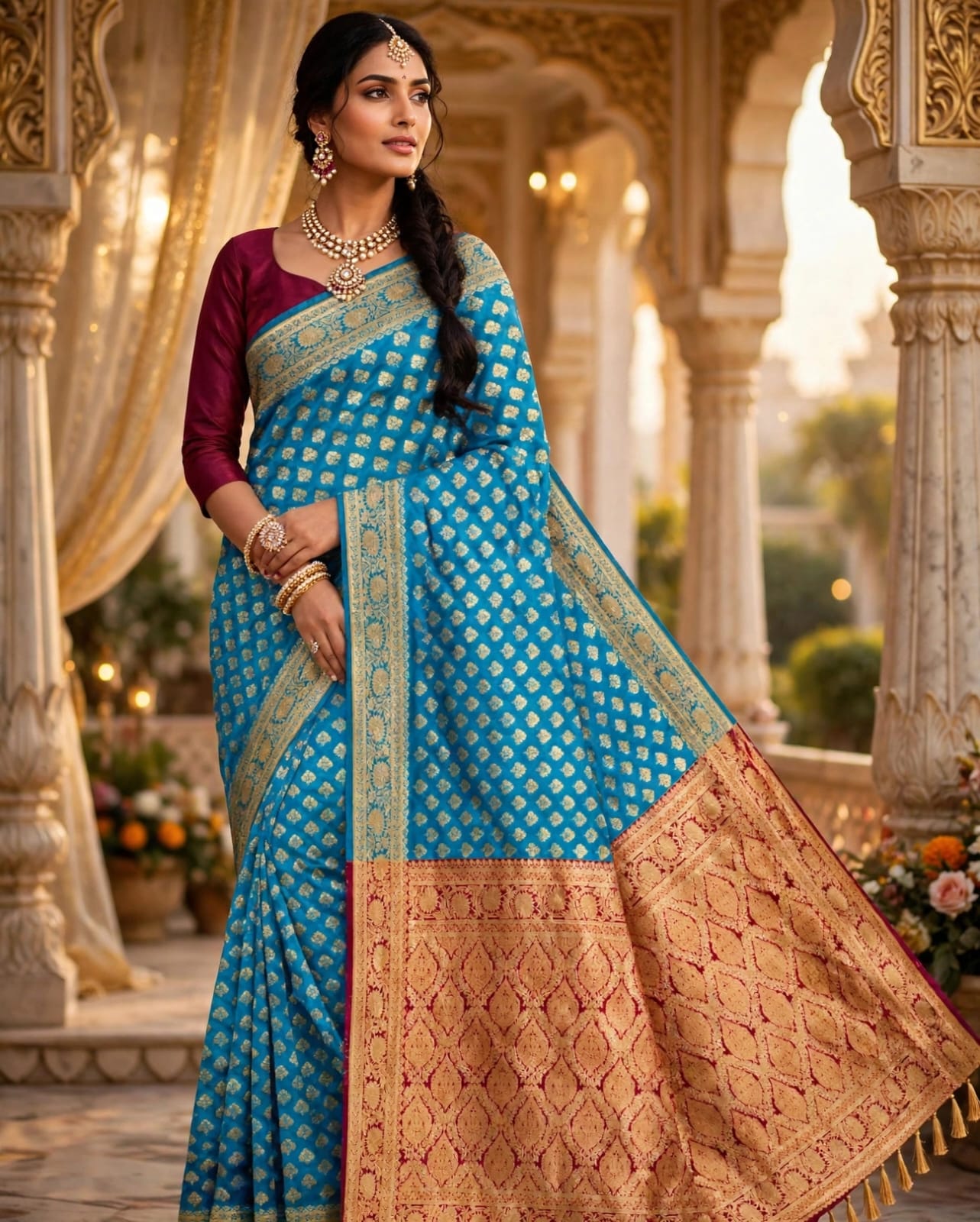 Women's Woven Zari Design Firozi Blue Banarasi Art Silk Saree with Rich Contrast Pink Border & Blouse Piece, Elegant Sky Blue Soft Banarasi Silk Saree featuring Traditional Golden Buti and Rani Pink Brocade Pallu