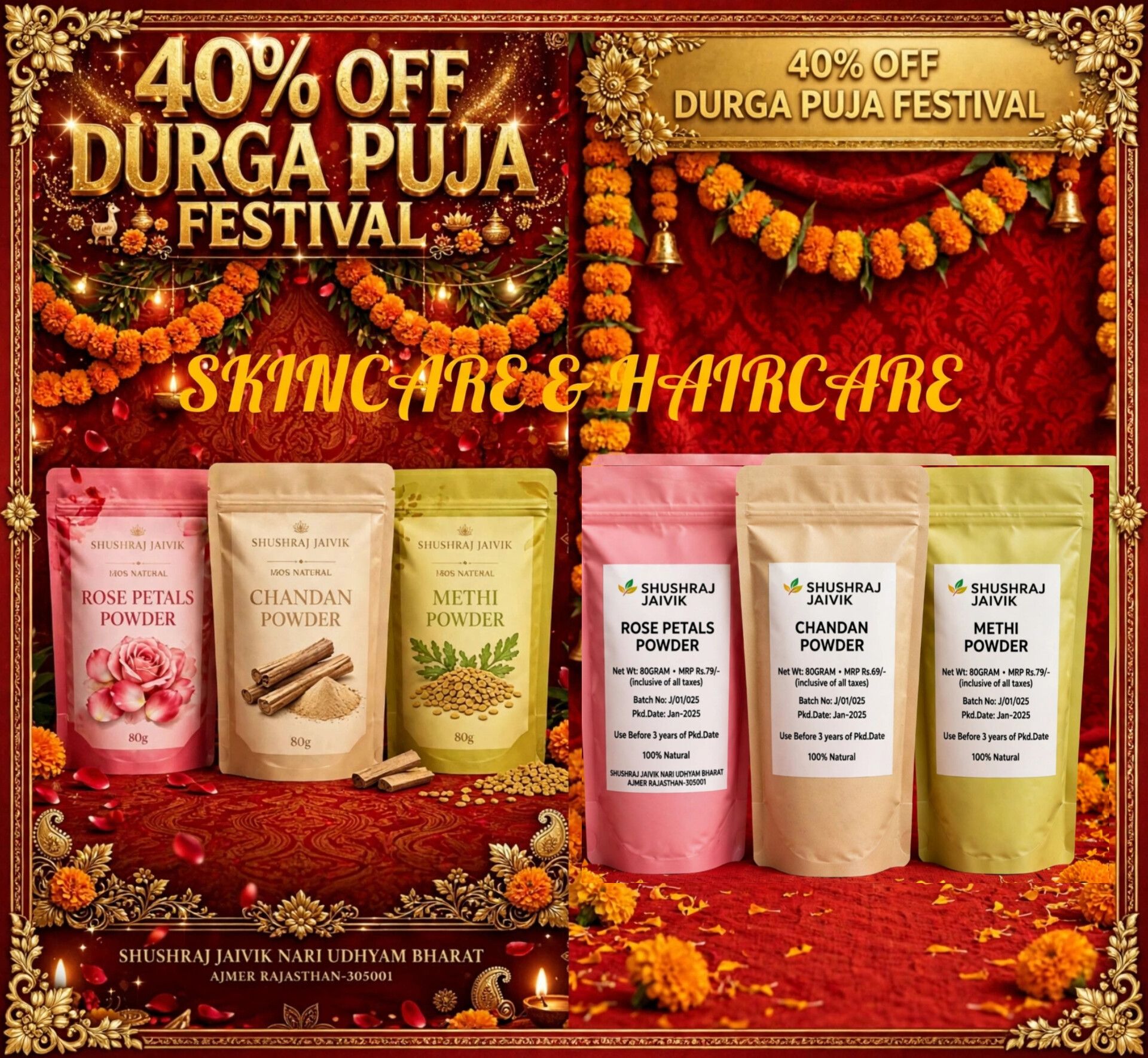 Durga Puja Special 40% OFF - Skincare & Haircare Combo (Rose Petals, Chandan & Methi Powder)