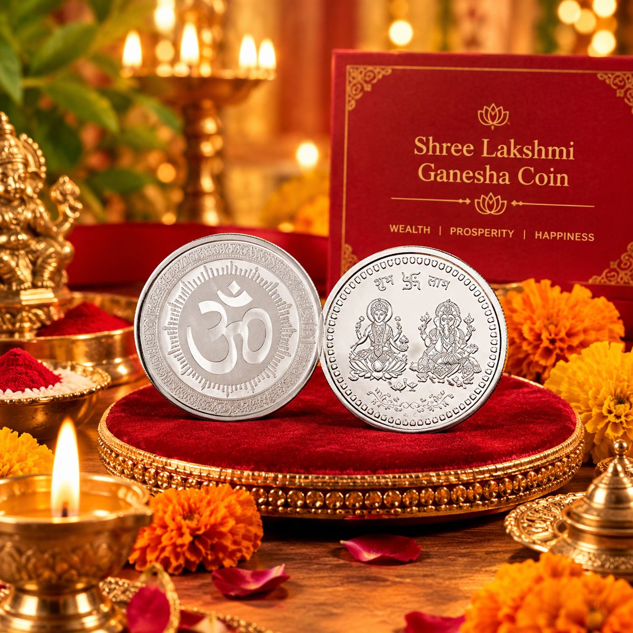 DHRUVINSRI Goddess Lakshmi Pooja Coin – Symbol of Wealth & Blessings, German Silver, Art Coin, 2.5*1.5*1 cm-1 pc