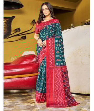 Samah Cotton Printed Ready to Wear Saree With Unstitched Blouse Piece ( Teal )
