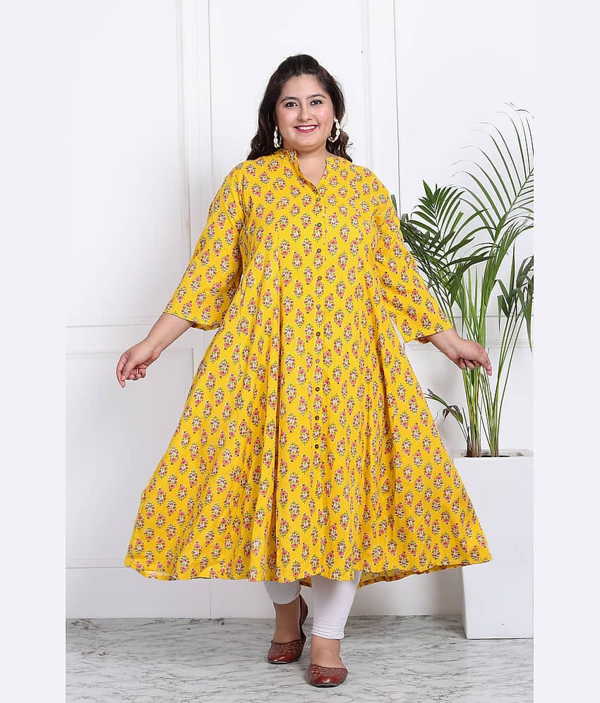 Swasti Cotton Blend Printed Flared Women's Kurti - Yellow ( Pack of 1 )