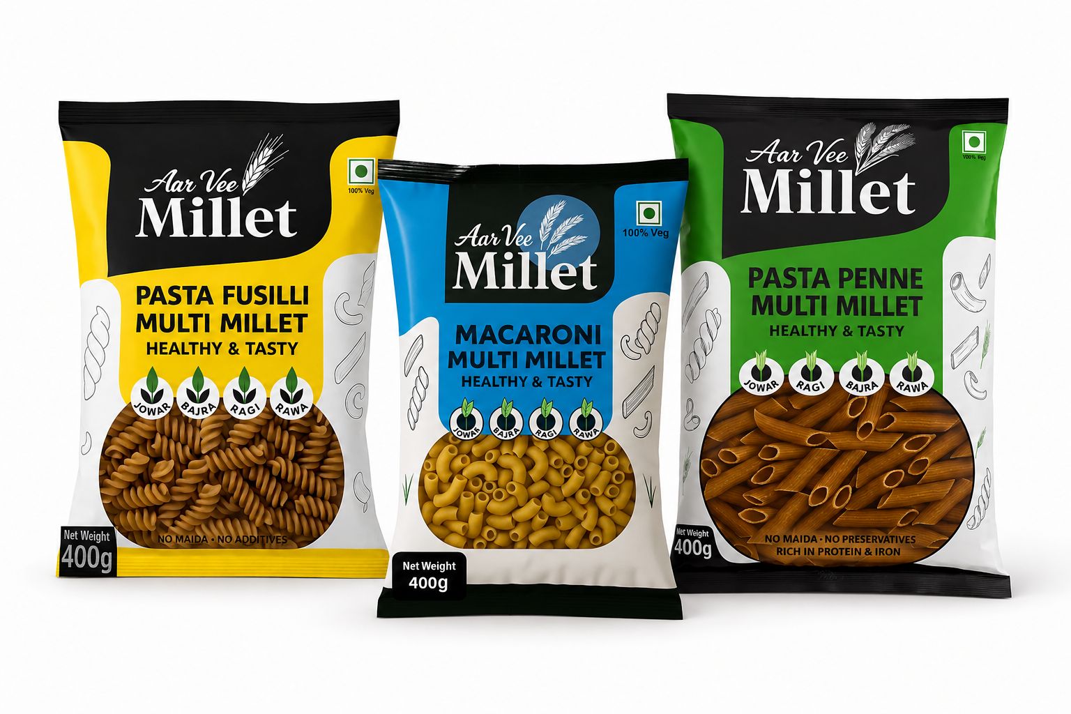 Aarvee Millet Combo- Macaroni,Penne  and Fusilli Pasta (Pack of 3,1200g)
