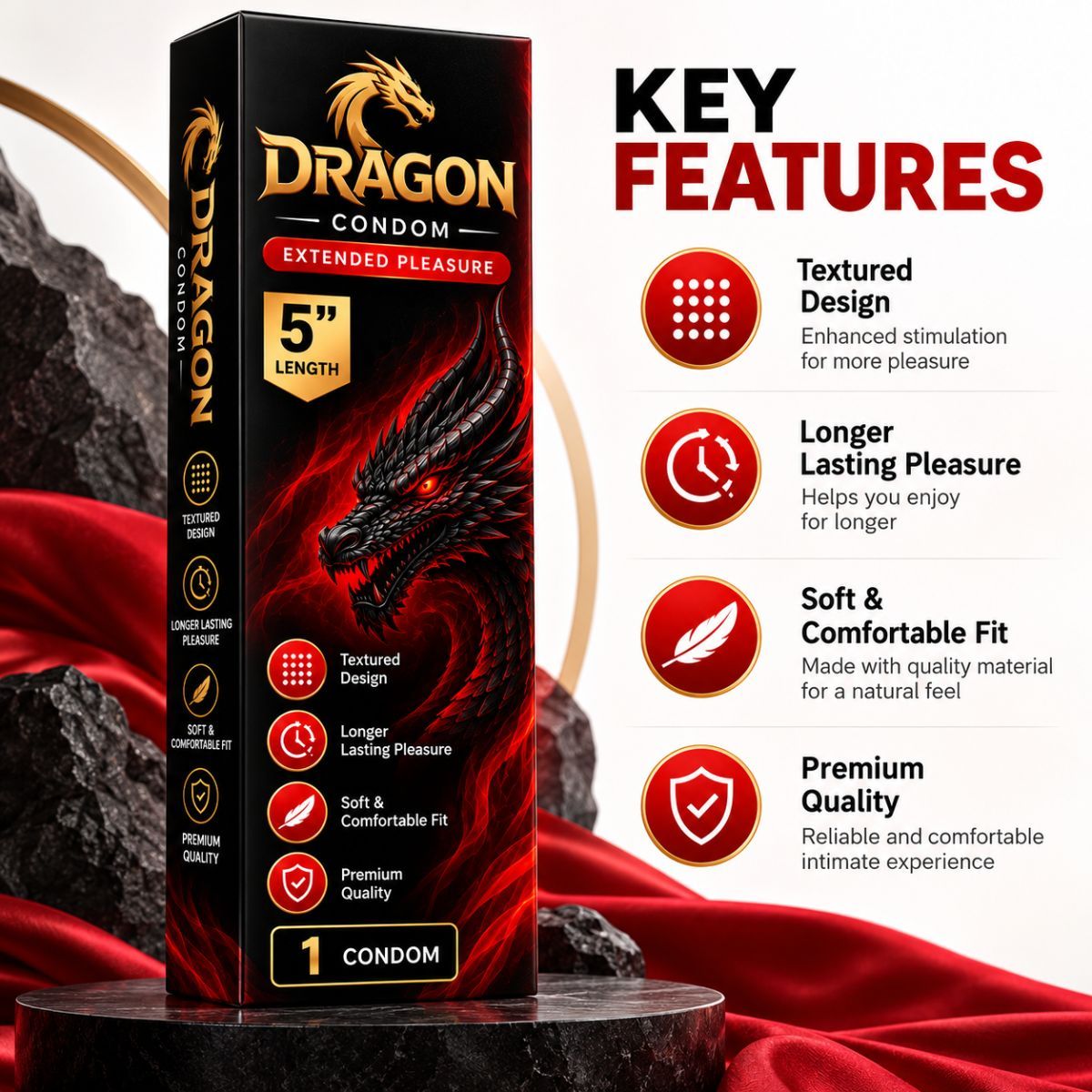 Premium Dragon Condom Reusable Silicone Condom for Men - 10 Inch | Extra Safe | Lubricated | Natural Latex | Textured |Pack of 3