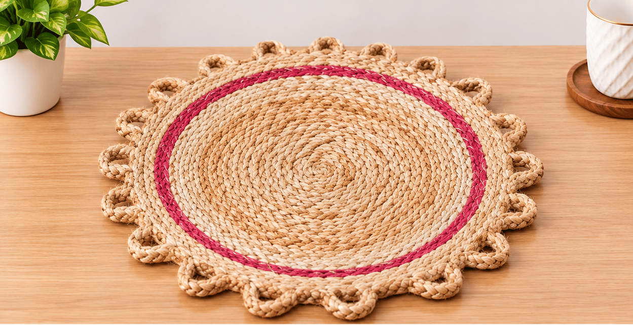 Hand-Woven Round Natural Jute Placemat with Pink Scallop Border