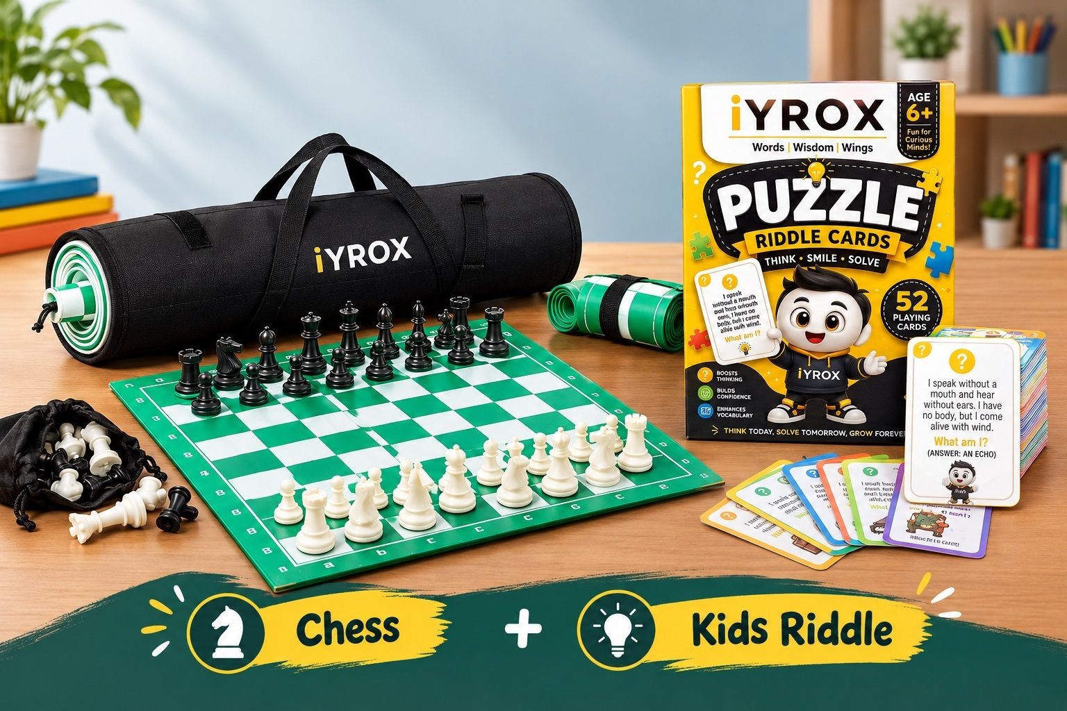 Tournament Chess Set with 18×18 Inch Roll-Up Vinyl Mat & Kids Riddle Game – Premium Chess & Brain Challenge Combo