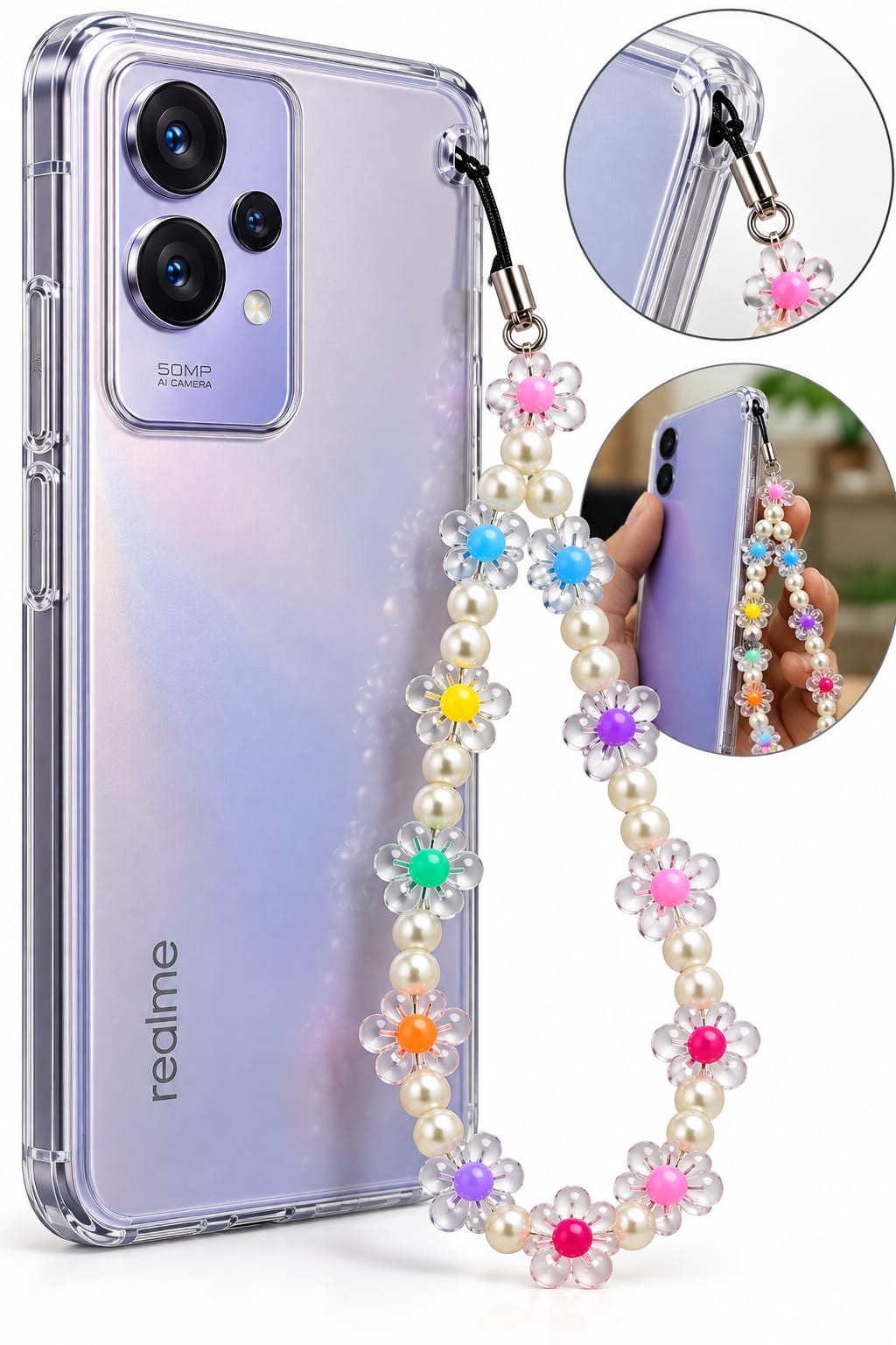 Colorful Pearl and Flower Phone Lanyard Charm
