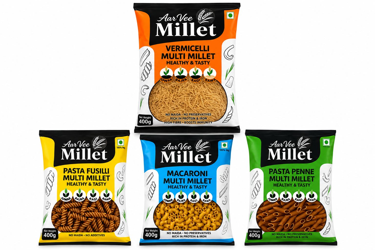 Aarvee Millet -Macaroni,Penne Pasta, Fusilli Pasta  & Vermicelli combo( Pack of 4, 1200 Gram )