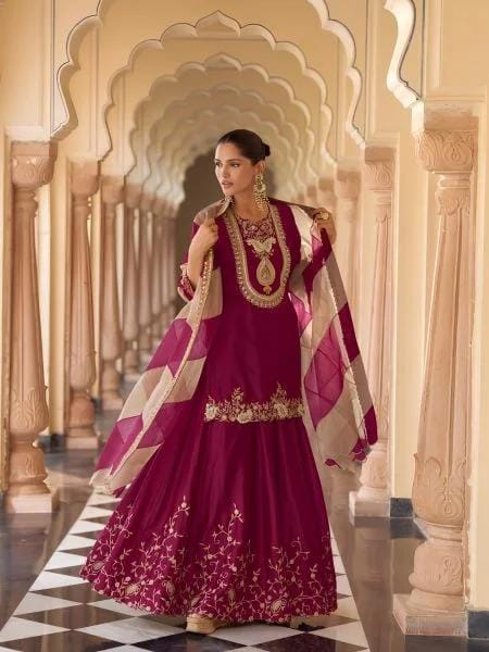 Ethereal Wine Vichitra Top with Tebby Dupatta and Heavy Chinon Palazzo Set
