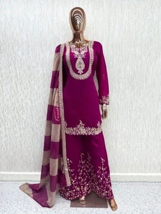 Ethereal Wine Vichitra Top with Tebby Dupatta and Heavy Chinon Palazzo Set