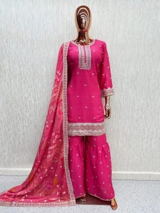 Refined Pink Festive Wear Real Chinon Top Palazzo and Digital Print Dupatta Set for Wedding Refined Pink Festive Wear Real Chinon Top Palazzo and Digital Print Dupatta Set for Wedding