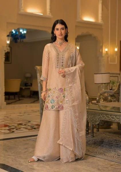 Mesmerizing Peach Crush Satin 3 Piece Suit with Beads Mirror and Embroidery Work