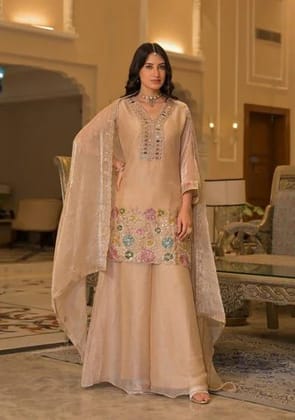 Mesmerizing Peach Crush Satin 3 Piece Suit with Beads Mirror and Embroidery Work Mesmerizing Peach Crush Satin 3 Piece Suit with Beads Mirror and Embroidery Work