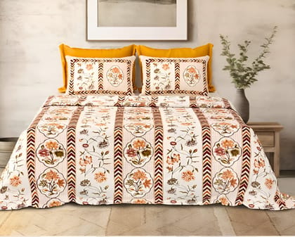 DHRUVINSRI Super King Size bedsheet Pure Cotton bedsheet with 2 Pillow Covers, 108 * 108 Inches, Floral Print-Sand Beige Colour.3 pcs set