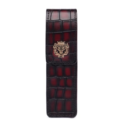 Smokey Wine Cut Croco Textured Leather Pen Holder with Metal Lion Logo By Brune & Bareskin-FS