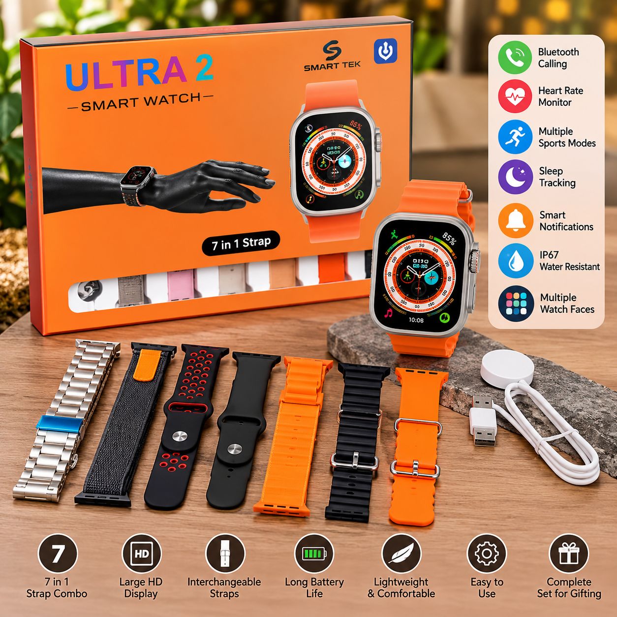 7 in 1 Ultra Smart Watch Combo With Seven Classic Straps & Transparent Screen Guard (1 Set / Mix Color)