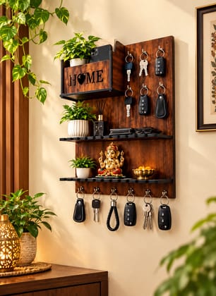 DHRUVINSRI 3D Wooden Key Holders for Home Wall Stylish | Wooden Wall Mounted Decorative Key Chain Hanger with 7 Hooks I Home & Office | Multipurpose Organiser -1Pc