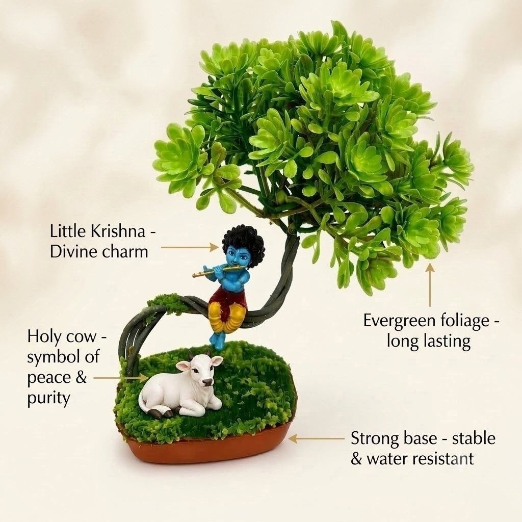 Little Krishna with Cow under Bonsai Tree Figurine – Decorative Showpiece for Car Dashboard, Office Desk & Home Decor (16 cm x 10 cm)