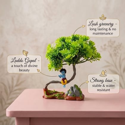 Little Krishna Artificial Bonsai Tree Showpiece – Small Decorative Statue for Car Dashboard, Office Desk & Home Decor