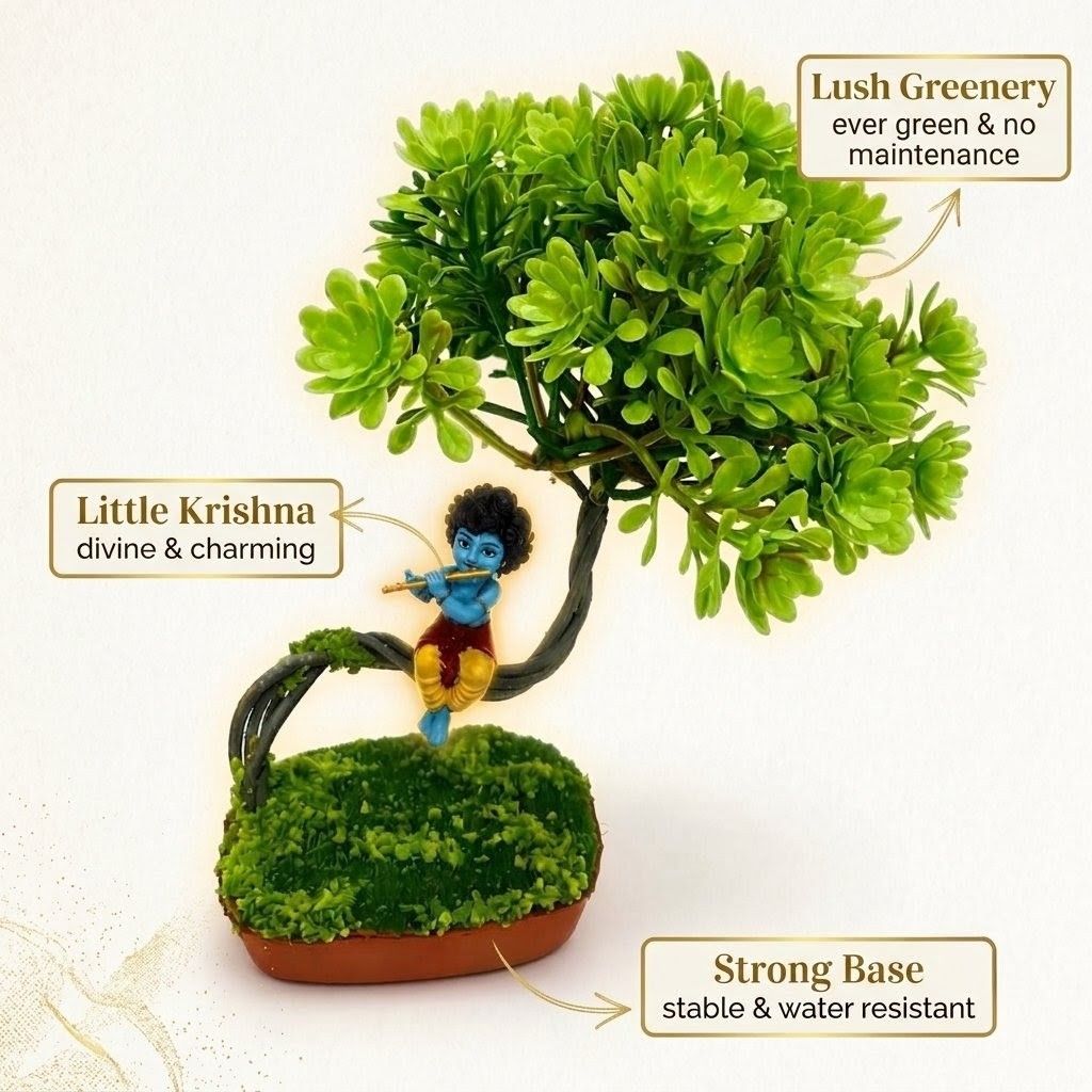 Little Krishna Under Bonsai Tree Artificial Plant Decorative Showpiece for Home, Car Dashboard & Office Desk