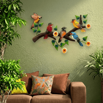 Indraj Premium Craft Handcrafted Birds on Tree Branch with Flowers | Wrought Iron Wall Hanging Decor for Living Room, Bedroom, Balcony & Garden | Rust-Proof Nature Wall Sculpture | 22" x 17" Multicolor Metal Wall Art