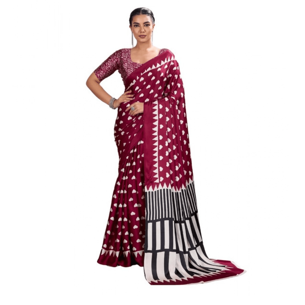 womens satin crepe printed saree with unstitched blouse 5.5mtr maroon pid65083