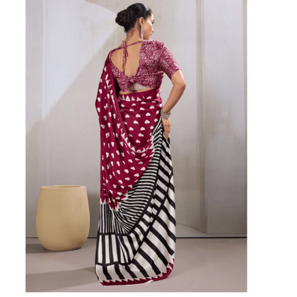 womens satin crepe printed saree with unstitched blouse 5.5mtr maroon pid65083