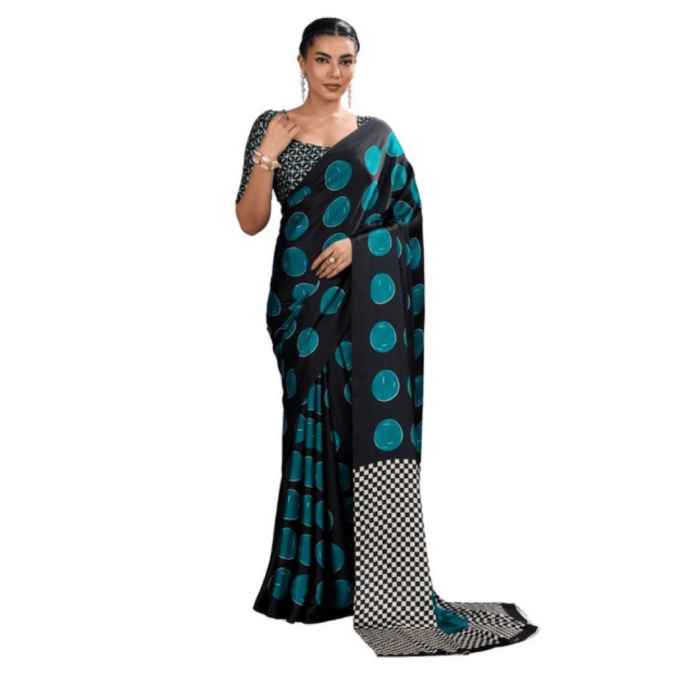 womens satin crepe printed saree with unstitched blouse 5mtr black pid65085